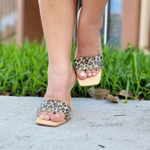 Women's Rhinestone Slide High Heel Sandals Nude Color - Picture 5 of 5